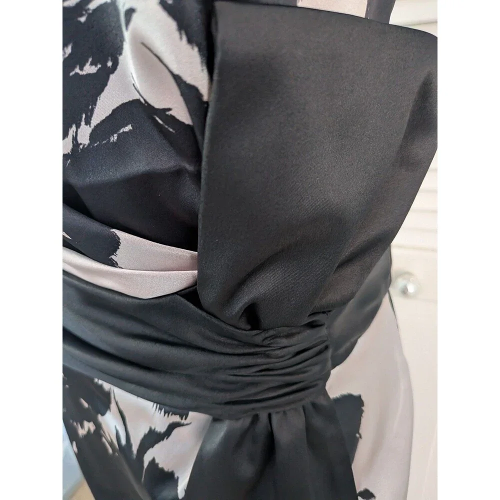 WHBM Dress Womens 12 Beige Black Floral Satin Bow Strapless Formal Cocktail Glam - Picture 3 of 16